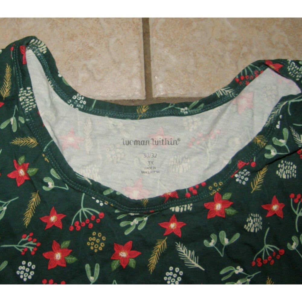 WOMAN WITHIN Green Print Plus Sz 30/32 Soft Cotton Long Sleeve Tee Shirt NEW